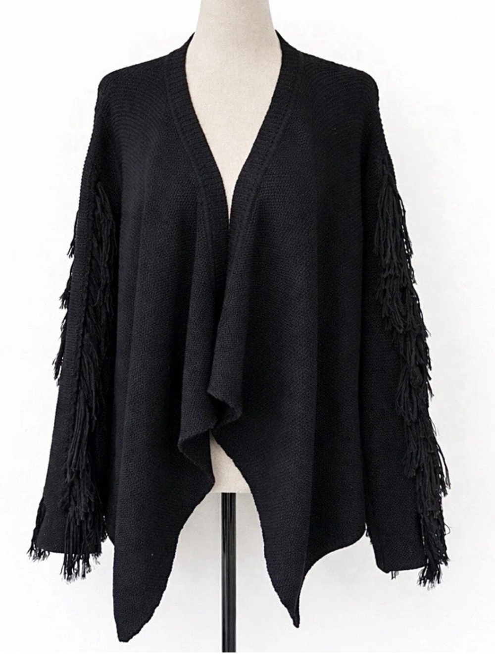 Ramy Brook Jenny Merino Wool Fringe Waterfall Cardigan Black L